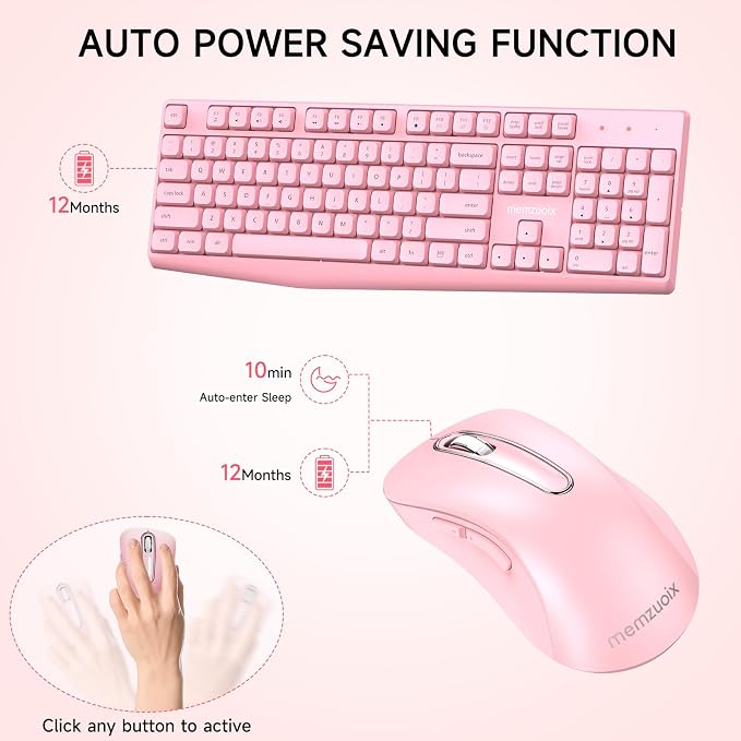 memzuoix Wireless Keyboard and Mouse Combo, 2.4G Full-Size Ergonomic Set with 1400 DPI Mouse, Lag-Free USB Receiver, 6-Month Battery Life for PC/Laptop/Windows/Mac (Pink)
