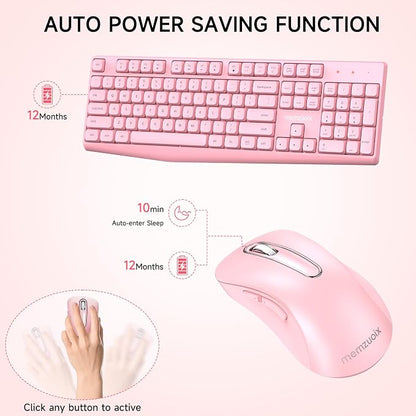 memzuoix Wireless Keyboard and Mouse Combo, 2.4G Full-Size Ergonomic Set with 1400 DPI Mouse, Lag-Free USB Receiver, 6-Month Battery Life for PC/Laptop/Windows/Mac (Pink)