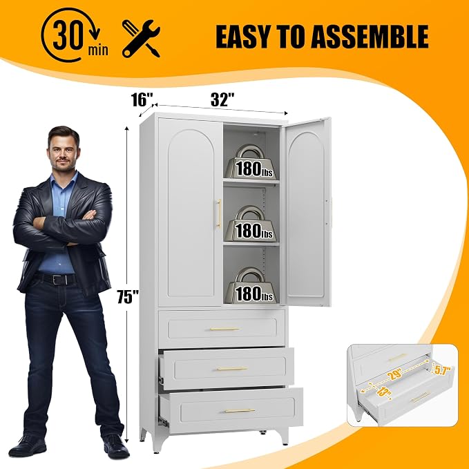 Metal Storage Cabinet with Doors and Shelves, 75" Tall Kitchen Pantry Storage Cabinets with 3 Drawer, White Food Pantry, Steel Office Cabinet, Large Cupboard, for Kitchen, Dining, Living Room
