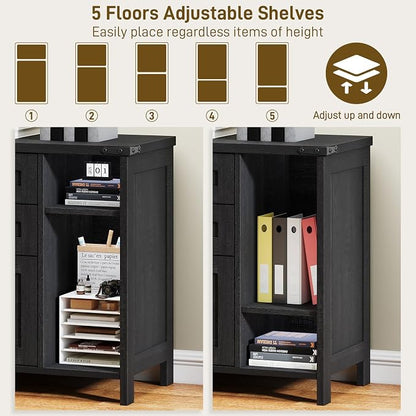 Halitaa 3 Drawer File Cabinet, Farmhouse Lateral Filing Cabinet Fits Files Letter or A4 Size, Wooden Printer Stand with Open Storage Adjustable Shelf for Home Office, Black