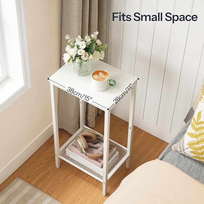 HOOBRO Tall Side Table, Industrial End Telephone Table with Adjustable Mesh Shelves, Small Tall Nightstand for Living Room, Bedroom, Entryway, Office, White WW03DH01
