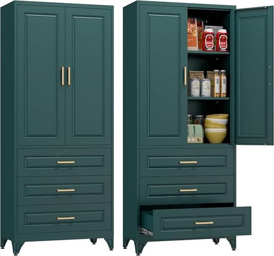 Polup 75" Tall Metal Storage Cabinet with Doors and Shelves, Heavy Duty Green Kitchen Pantry Cabinet with 3 Drawers, Freestanding Food Cupboard Storage Organizers for Laundry, Garage, Dining Room