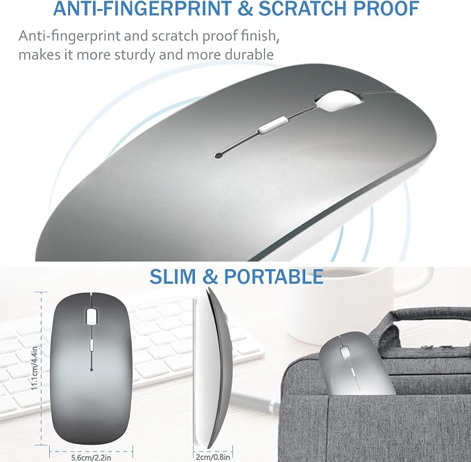 Bluetooth Wireless Mouse for MacBook Air Mac Pro Laptop Computer iPad Pad PC Laser Optical Rechargeable Mini Slim Silent Mouse Widely Used Desktop Hp iMac (Gray)