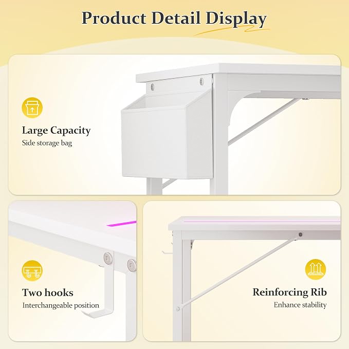 DurayLoly 40" Computer Desk with Waterproof LED Lights,Bedroom Study Desk for Teens,Dorm Room Essentials,Headphone Hook&Storage Bag for Small Spaces,Sturdy Metal Frame,White