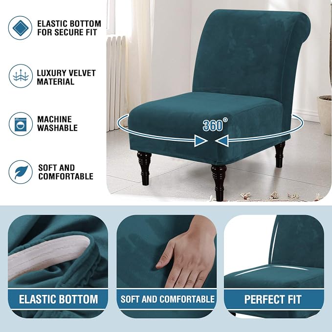 H.VERSAILTEX Armless Accent Chair Covers Thick Velvet Armless Chair Slipcovers High Stretch Chair Covers for Living Room Hotel Machine Washable Furniture Protector with Elastic Bottom, Dark Teal