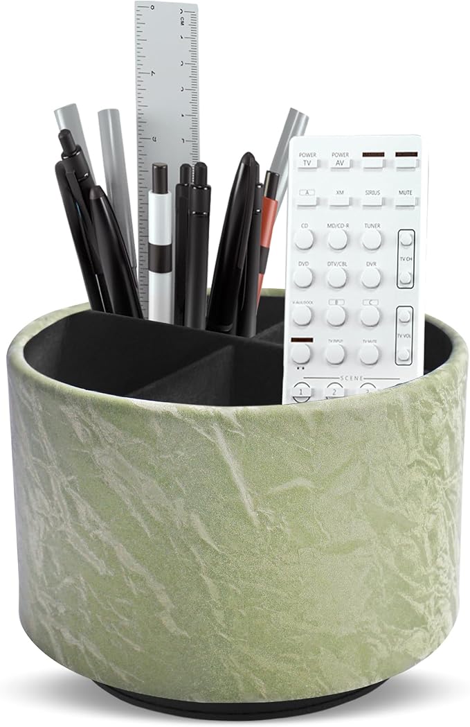 Round Leather Art Supply Organizer,Remote Control Holder,360 Degree Spinning,Multi-Functional Pencil Holder,4 Compartments Desktop Stationary Organizer(1-Hill Green)