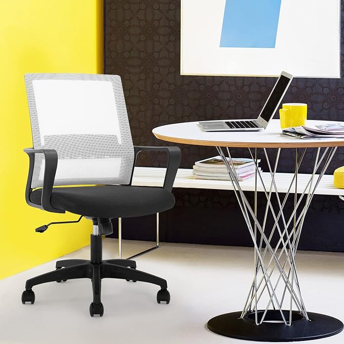 Office Chair Ergonomic Chair Mid Back Mesh Desk Chair Adjustable Height Swivel Mesh Chair Computer Chair with Armrest Lumbar Support,White