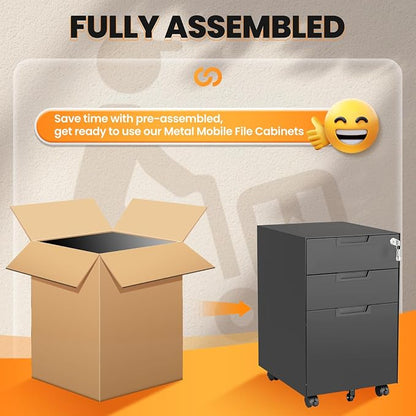 3 Drawer File Cabinet with Lock, Fully Assembled Metal Mobile Filing Cabinets for Home Office, Small Rolling File Caninet on Wheels for Legal/Letter / A4 File, Black
