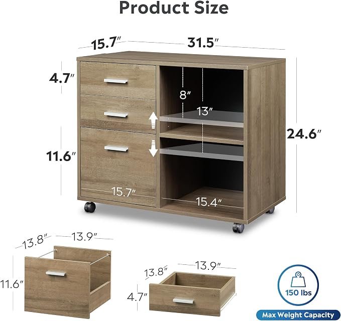DEVAISE 3 Drawer Mobile File Cabinet, Wood Lateral Filing Cabinet, Printer Stand with Open Shelves for Home Office, Gray Oak