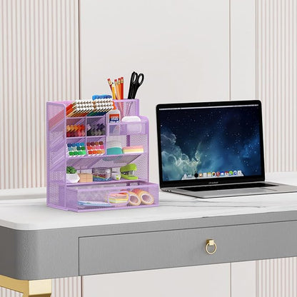Mesh Pen Organizer for Desk - Multi-Functional Pencil Holder with Drawer Desk Organizers, Large Capacity Storage for School Office Home Supplies (Purple)