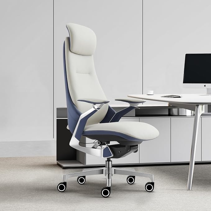 Ergonomic Executive Leather Office Chair: High Back Top Grain Leather with Adjustable Headrest, 3-Position Recline (90°-135°), Tension Control & Height Adjustment, Italian DONATI Base