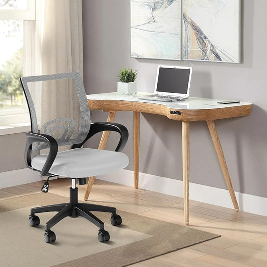 Office Chair, Ergonomic Mid-Back Mesh Desk Chair, 8 Pack, Light Gray | Lumbar Support, Adjustable Height, Rolling Wheels Design, Comfy Armrest, For Work, Study, Gaming