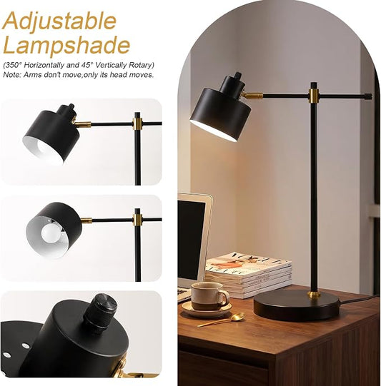 OYEARS 22.2" Modern Desk Lamp, Metal Table Lamp with LED Bulb, Adjustable Reading Lamps for Living Room, Mid Century Task Lamp for Home Office, Industrial Bedside Lamps with Solid Base,Black