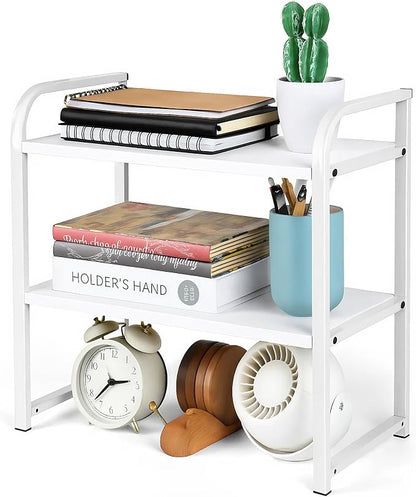 Desktop Shelf Organizer Office Desk Shelf for Top of Desk Wood & Metal Bookshelf Supplies Storage Rack (White)