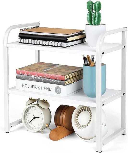 Desktop Shelf Organizer Office Desk Shelf for Top of Desk Wood & Metal Bookshelf Supplies Storage Rack (White)