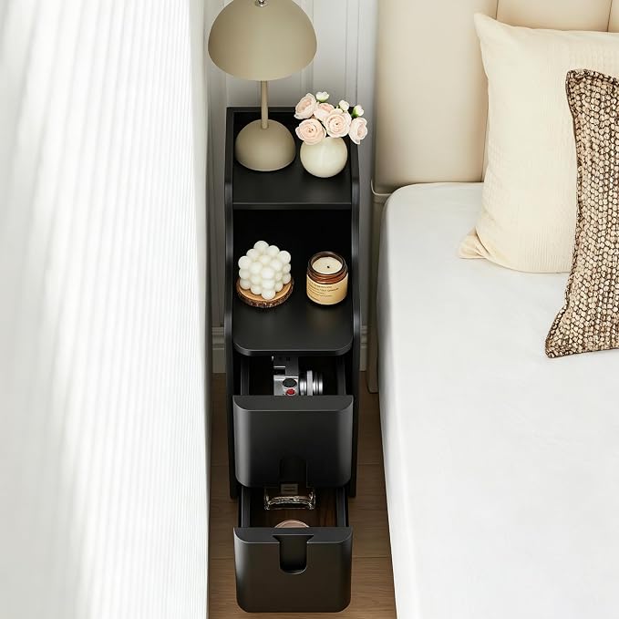 Black Narrow Nightstand, Wood 2 Drawer Small Nightstand, Slim Side Table, Modern Skinny End Bedside Table, Wood Night Stand with Drawers for Bedroom (Black-1 pc)
