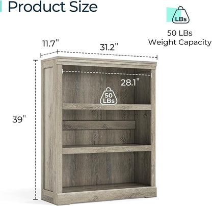 LINSY HOME 3-Tier Bookshelf, Small Wood Display Storage Shelves Farmhouse Bookshelf for Home Office, Living Room, Bed Room - Washed Grey