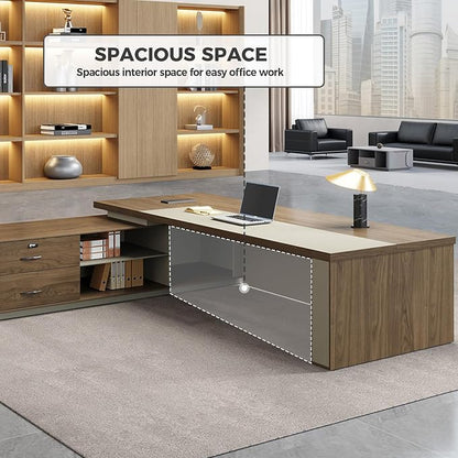 L Shape Executive Desk with Reversible Drawer Cabinet, Lockable Storage & Cable Box, Large Modern Office Desk for CEO or Home Workspace (Black Walnut+Khaki, 95" L*71" W*30" H)