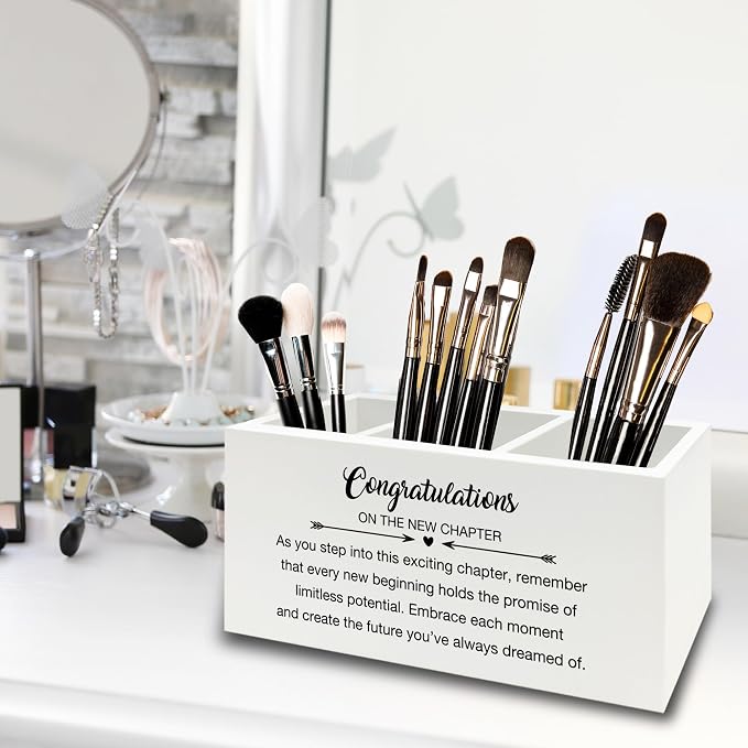 Congratulations Gift Pen Pencil Holder Organizer for Desk, Graduation Gifts, New Job Gifts, Congratulations on the New Chapter Wooden Box Sign for Home Office Desk Tabletop Decorations