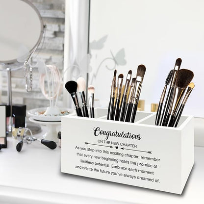 Congratulations Gift Pen Pencil Holder Organizer for Desk, Graduation Gifts, New Job Gifts, Congratulations on the New Chapter Wooden Box Sign for Home Office Desk Tabletop Decorations
