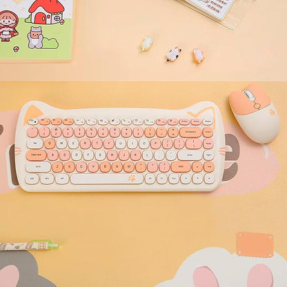 Cute Cat 2.4G USB Wireless Keyboard and Mouse Combo, Silent Keys, Candy Colors, Compatible with Notebook, PC (MilkTea-84Keys)