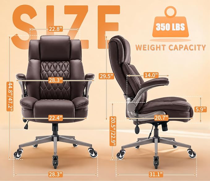 Large High Back Office Chair - Adjustable Lumbar Support Flip Up Arms Heavy Duty Quiet Wheels Metal Base Breathable Bonded Leather Ergonomic Executive Computer Desk Chair with Storage Bags, Brown