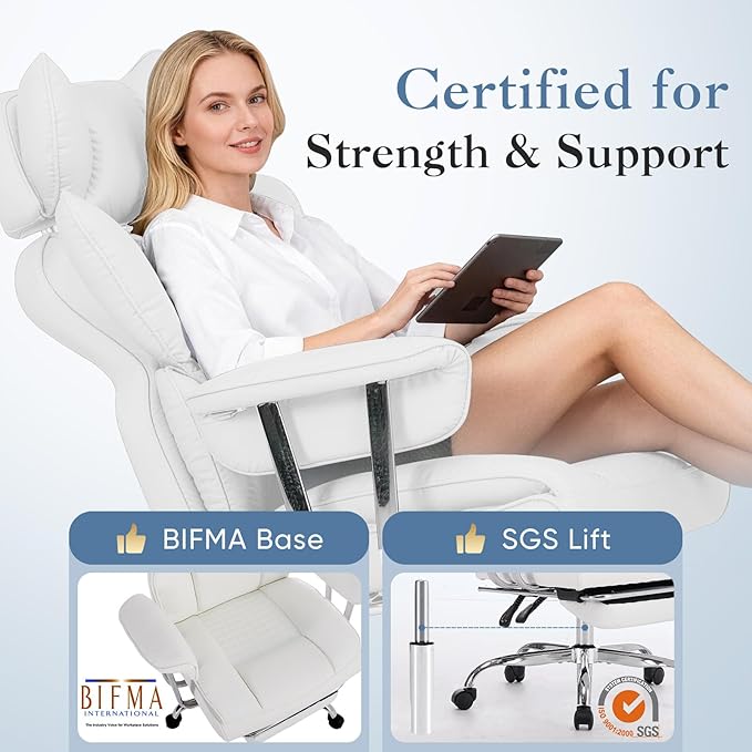 DUMOS Big and Tall Office Chair 400 LBS, Scratch-Resistant PU Leather Executive Office Desk Chair with Footrest, Ergonomic Reclining Computer Chairs with Pocket Spring Support, White