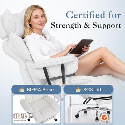DUMOS Big and Tall Office Chair 400 LBS, Scratch-Resistant PU Leather Executive Office Desk Chair with Footrest, Ergonomic Reclining Computer Chairs with Pocket Spring Support, White