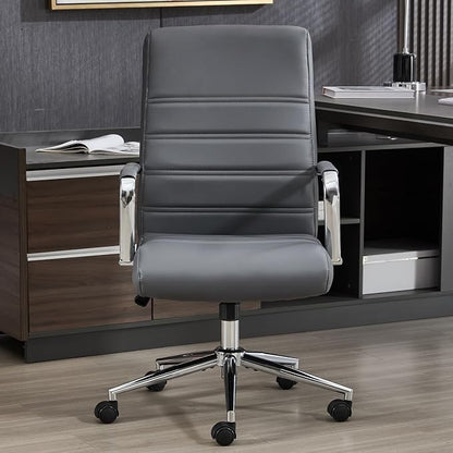 Office Desk Chair Leather, Conference Room Chairs with Wheels, Modern Executive Office Chairs Adjustable Height, Ergonomic Swivel Rolling Ribbed Computer Chair(Grey)
