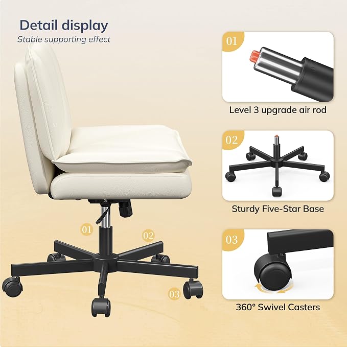 DurayLoly Criss Cross Chair with Wheels, Armless Cross Legged Office Chair with 2 Layer Comfy Leather & Back, 90°-120° Reclining, Wide Vanity Chair for Home Office, Beige