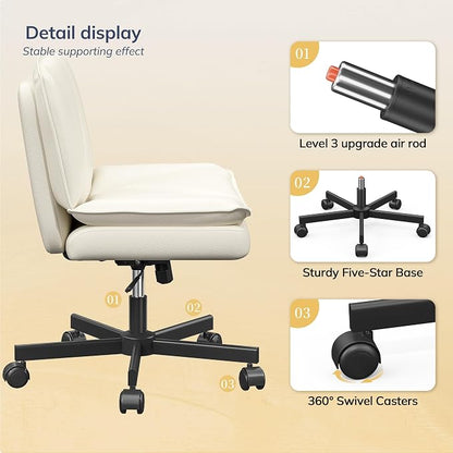 DurayLoly Criss Cross Chair with Wheels, Armless Cross Legged Office Chair with 2 Layer Comfy Leather & Back, 90°-120° Reclining, Wide Vanity Chair for Home Office, Beige