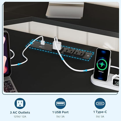 YOMILUVE Small Corner Desk with Drawers, Corner Gaming Desk with Power Outlets & Printer Shelf for Small Space, Triangle Computer Desk with LED Lights, Keyboard Tray and Monitor Stand, Black