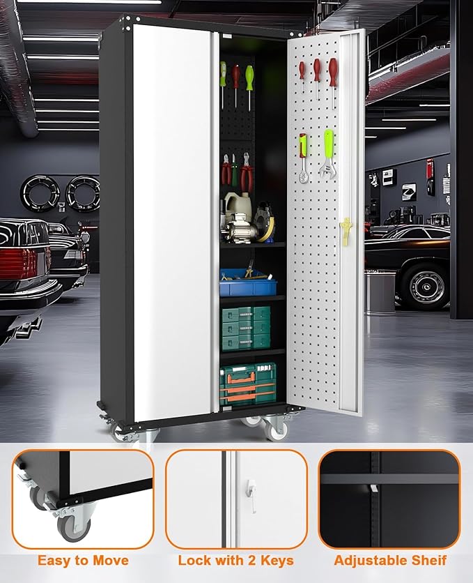 Garvee Cabinet Metal Storage Cabinet with Wheels, Heavy Duty Steel Rolling Organizer with Lockable Doors, Adjustable Shelves, Utility Garage Cabinet for Home, Office, Workshop, Laundry Room, Kitchen