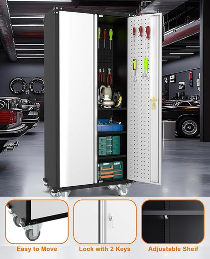 Garvee Cabinet Metal Storage Cabinet with Wheels, Heavy Duty Steel Rolling Organizer with Lockable Doors, Adjustable Shelves, Utility Garage Cabinet for Home, Office, Workshop, Laundry Room, Kitchen