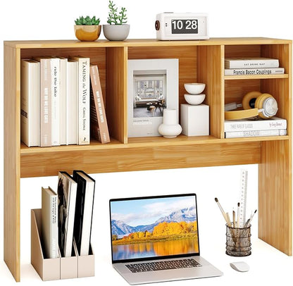 GOFLAME 4 Cubes Desktop Bookshelf, 37” Tabletop Wood Desk Shelf for Computer Monitor, Modern Countertop Desk Display Hutch Storage Organizer Shelf for Home Office, Dorm, Study, Burlywood