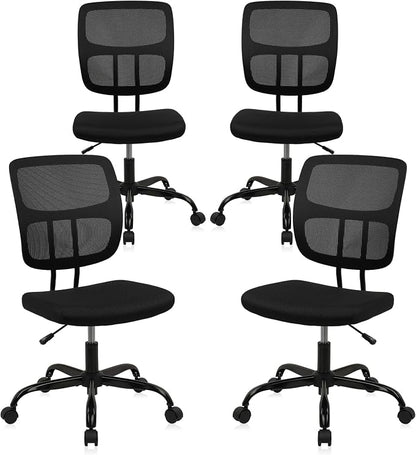CLATINA Home Office Chair No Arms with Wheels, Adjustable Height Small Desk Chair, Ergonomic Mesh Rolling Work Swivel Chairs, 360 Swivel Computer Chair for Office, Reading Meeting Room 4PK(Black)