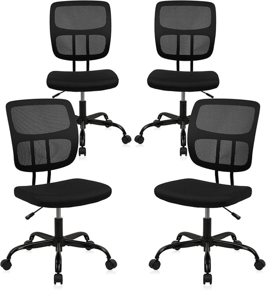 CLATINA Home Office Chair No Arms with Wheels, Adjustable Height Small Desk Chair, Ergonomic Mesh Rolling Work Swivel Chairs, 360 Swivel Computer Chair for Office, Reading Meeting Room 4PK(Black)