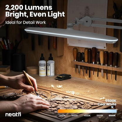 Neatfi XL 24W LED Desk Lamp – 2,200 Lumens | 23” Wide Shade | Dimmable Eye-Caring Task Light | Adjustable Arm | Office, Study, Crafting & Nail Techs (Silver, Non-CCT with Base)