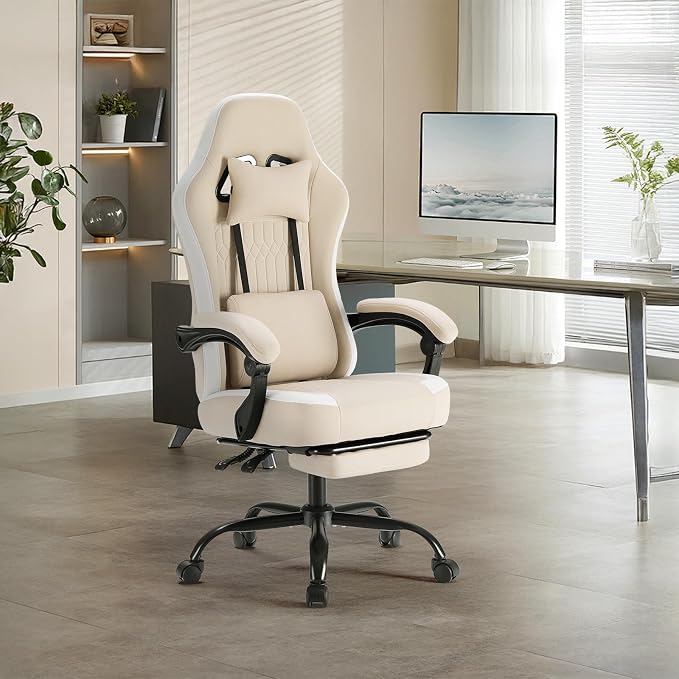 Sweetcrispy Computer Gaming Chair: High Back Ergonomic Desk Chair with Footrest and Lumbar Support, Height Adjustable with Linkage Armrests and Headrest, 360°Wheels, Fabric, Khaki