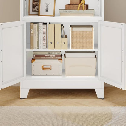 erosoei 71" H Tall Metal Bookcases and Bookshelves with 2 Doors and Adjustable Shelves，Tall Storage Cabinet Industrial Bookshelf 6-Tier Open Display Shelf，Decor Furniture for Living Room, Bedroom