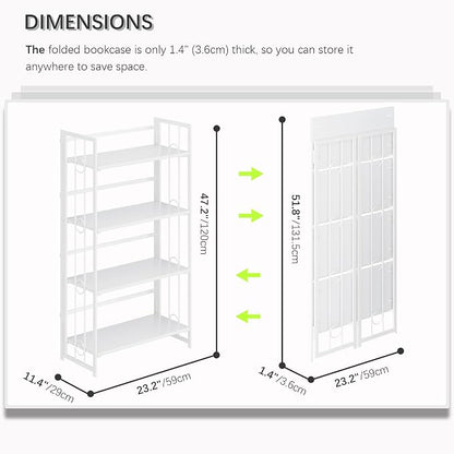 4NM No Assembly 4 Tiers Folding Bookshelf, 47.2" H Foldable Storage Shelves Vintage Bookcase Standing Racks Study Organizer Home Office - All White