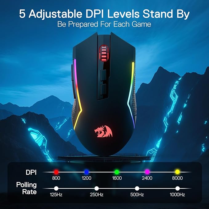 Redragon M693 LIT Wireless Gaming Mouse, 12800 DPI Mice w/ 3-Mode Connection, BT & 2.4G Wireless, 7 Macro Buttons, Reliable Power Capacity for PC/Mac/Laptop