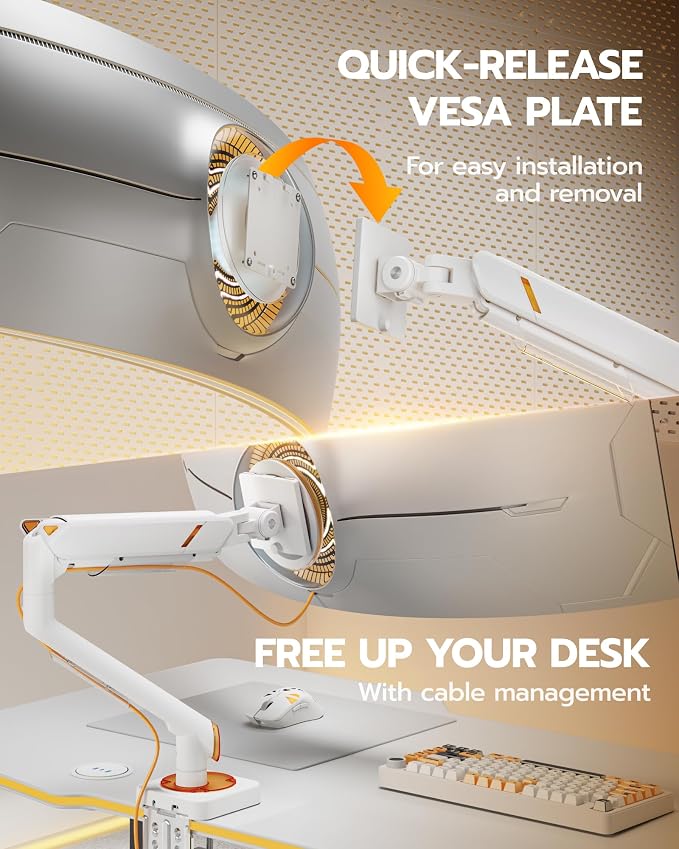 ARES WING Monitor Arm for 17-49 Inch, Ultrawide Single Monitor Mount Holds up to 44lbs, Heavy Duty Mechanical Spring Monitor Stand Adjustable Arms, 75/100 VESA Mount with Clamp/Grommet Base, White