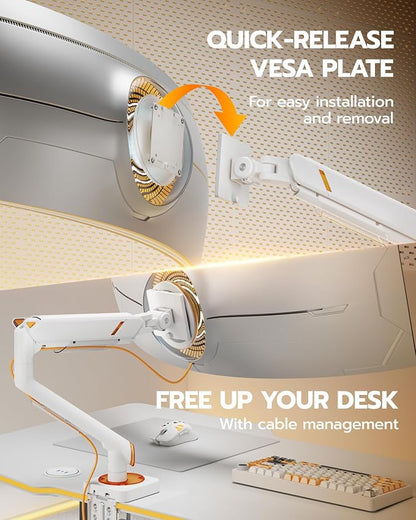 ARES WING Monitor Arm for 17-49 Inch, Ultrawide Single Monitor Mount Holds up to 44lbs, Heavy Duty Mechanical Spring Monitor Stand Adjustable Arms, 75/100 VESA Mount with Clamp/Grommet Base, White