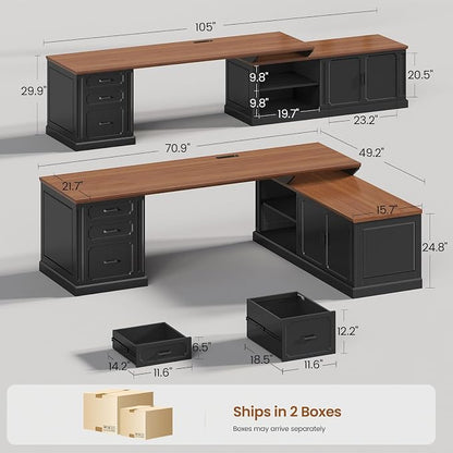 SEDETA Farmhouse L Shaped Desk with Drawers, 70.9" Home Office Desk with Storage Cabinet and Storage Shelves, L Shaped Computer Desk with Power Outlet，Black+Brown