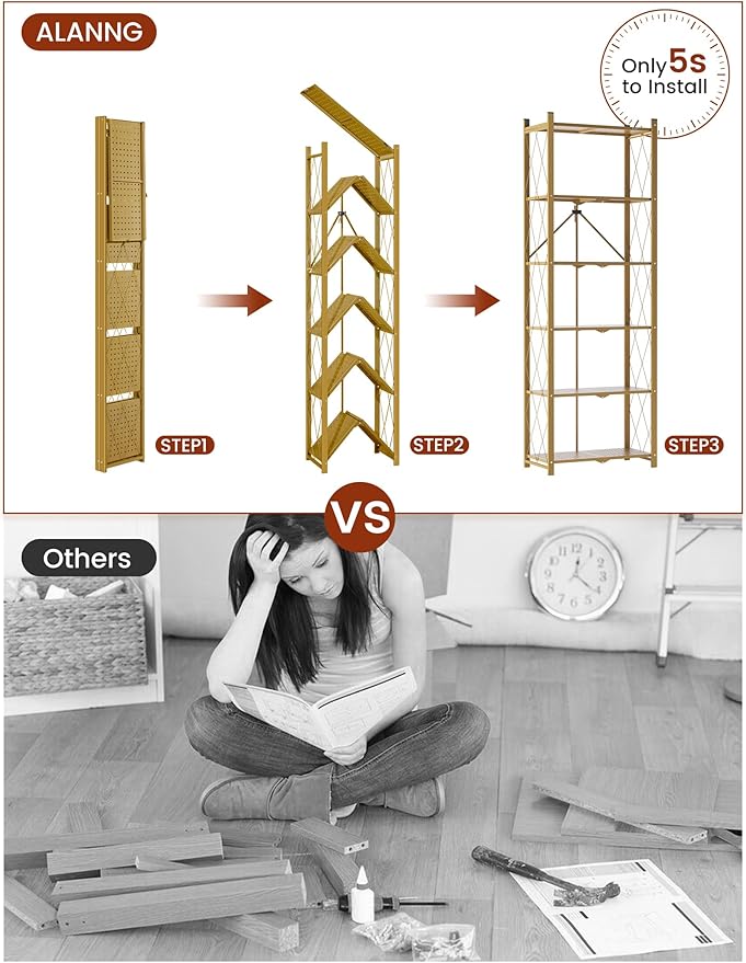 ALANNG 73.6 Inch Folding Bookshelf, 6 Tier Metal Bookcase and Bookshelves, Tall Shelves for Living Room Office Bedroom, Heavy Duty Book Shelve Free Standing Open (Gold, 1PACK)