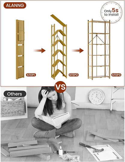 ALANNG 73.6 Inch Folding Bookshelf, 6 Tier Metal Bookcase and Bookshelves, Tall Shelves for Living Room Office Bedroom, Heavy Duty Book Shelve Free Standing Open (Gold, 3PACK)
