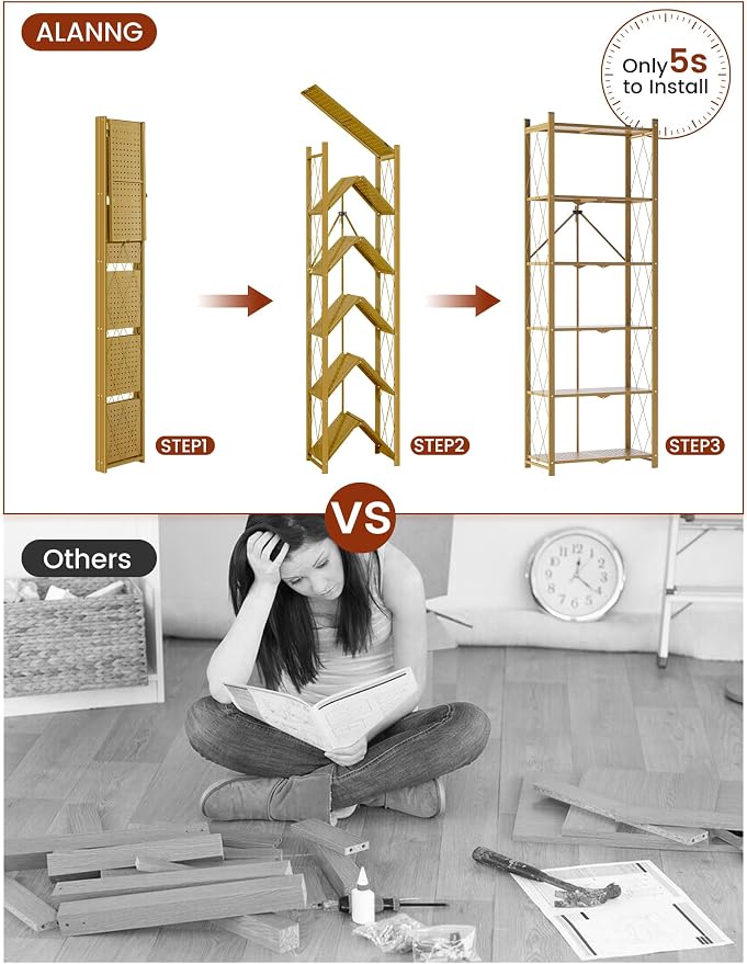 ALANNG 73.6 Inch Folding Bookshelf, 6 Tier Metal Bookcase and Bookshelves, Tall Shelves for Living Room Office Bedroom, Heavy Duty Book Shelve Free Standing Open (Gold, 2PACK)