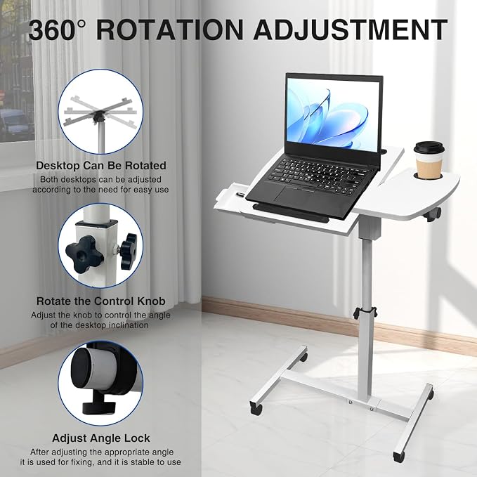 Medical Adjustable Overbed Bedside Table Teacher Podium Laptop Computer Cart Mobile Laptop Desk with 2 Tilting Desktops,Cup Holde,Drawer，Wheels for Office, Home and Classroom (White)