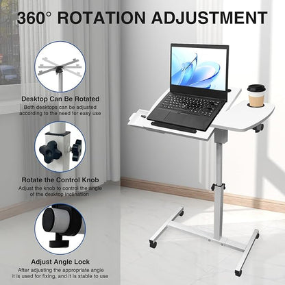 Medical Adjustable Overbed Bedside Table Teacher Podium Laptop Computer Cart Mobile Laptop Desk with 2 Tilting Desktops,Cup Holde,Drawer，Wheels for Office, Home and Classroom (White)
